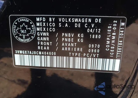 2012 Volkswagen Jetta Sel z USA, uszkodzony, nr VIN 3VWGX7AJ8CM404608